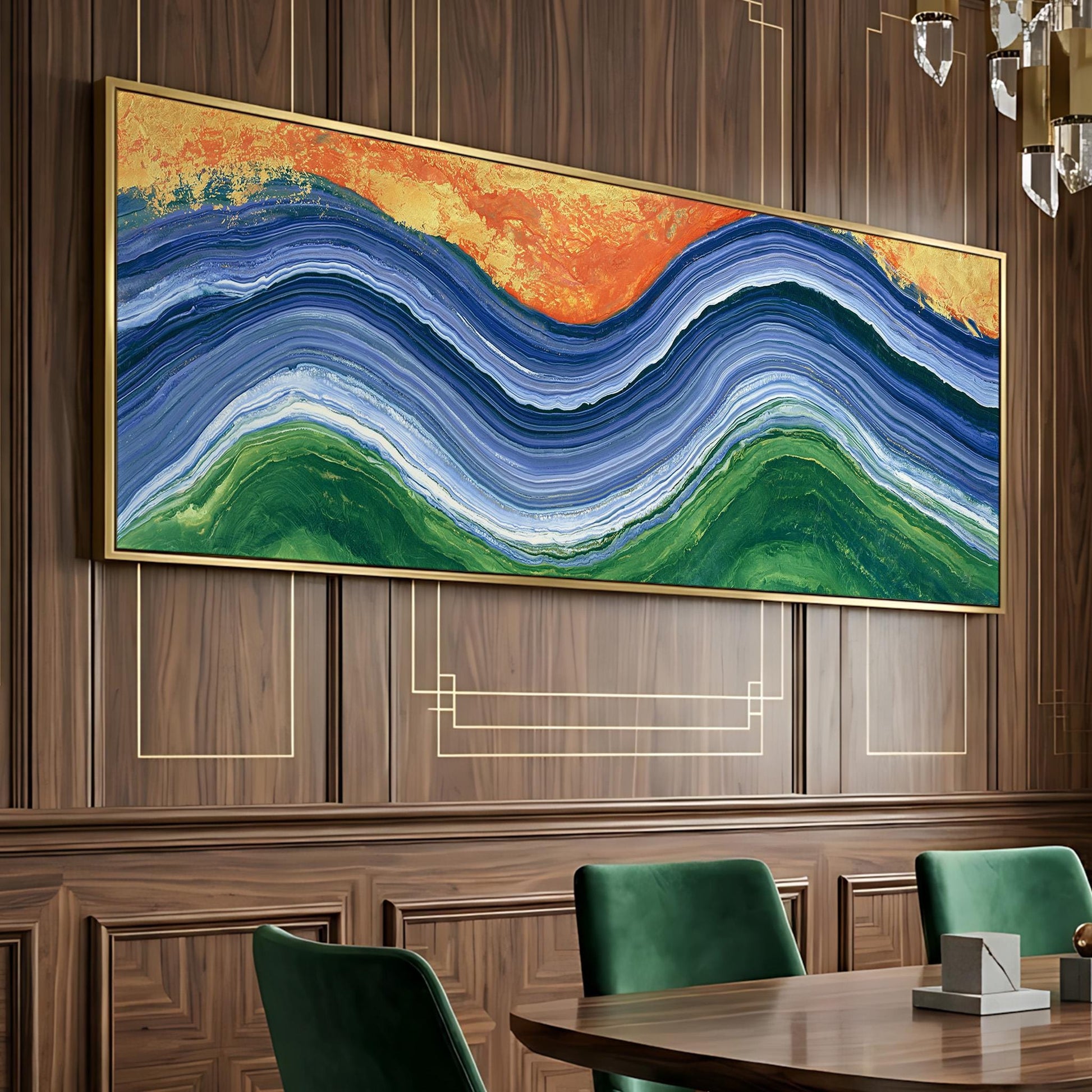 a large, colorful abstract painting hanging on a wooden wall above a wooden dining table with green chairs.