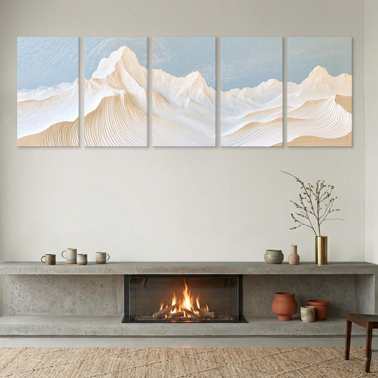 a cozy living room with a fireplace, a shelf with decorative items, and a large wall art depicting a serene mountain landscape.