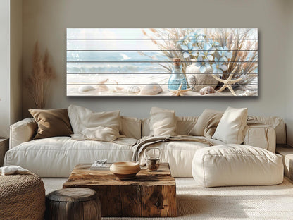 Wooden Wall Art – Coastal Beach Still Life Print on Natural Wood Planks