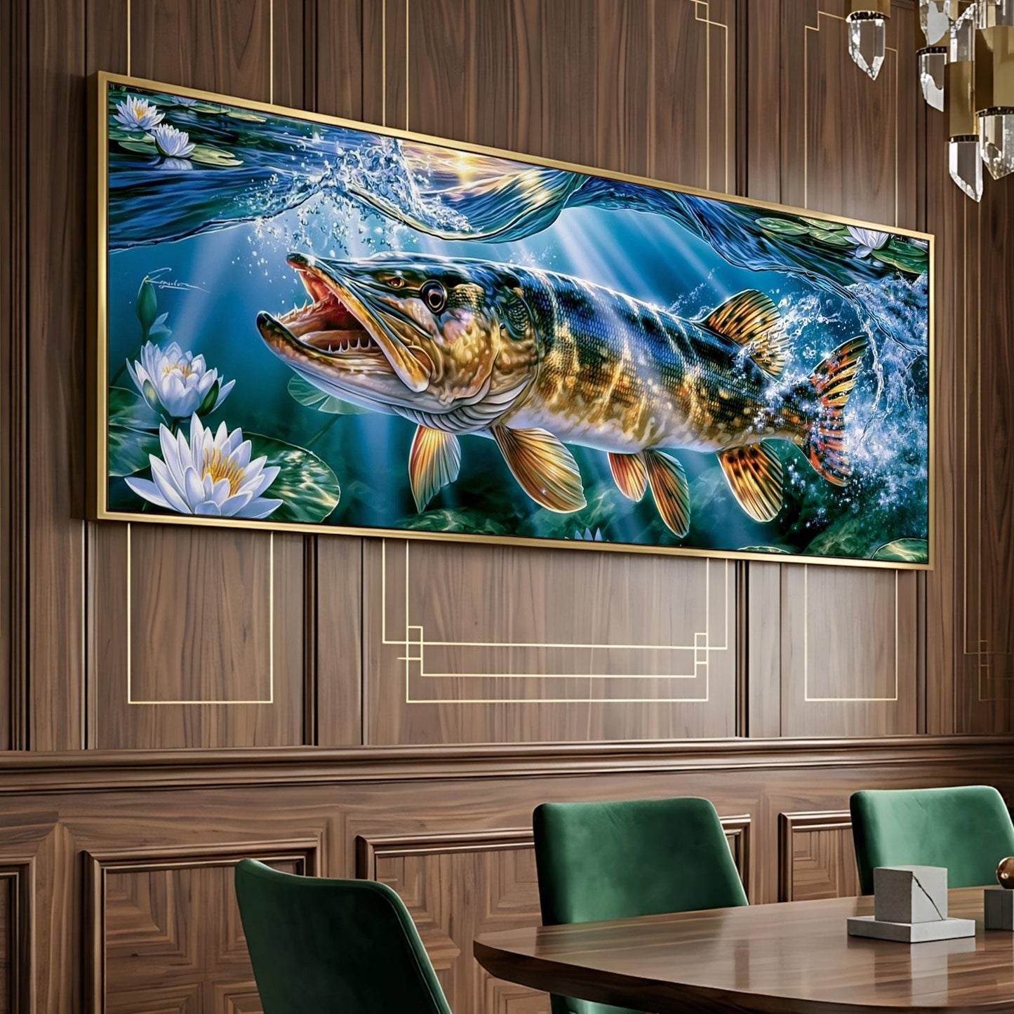 a large painting of a fish swimming in a body of water, with a wooden paneled wall in the background.