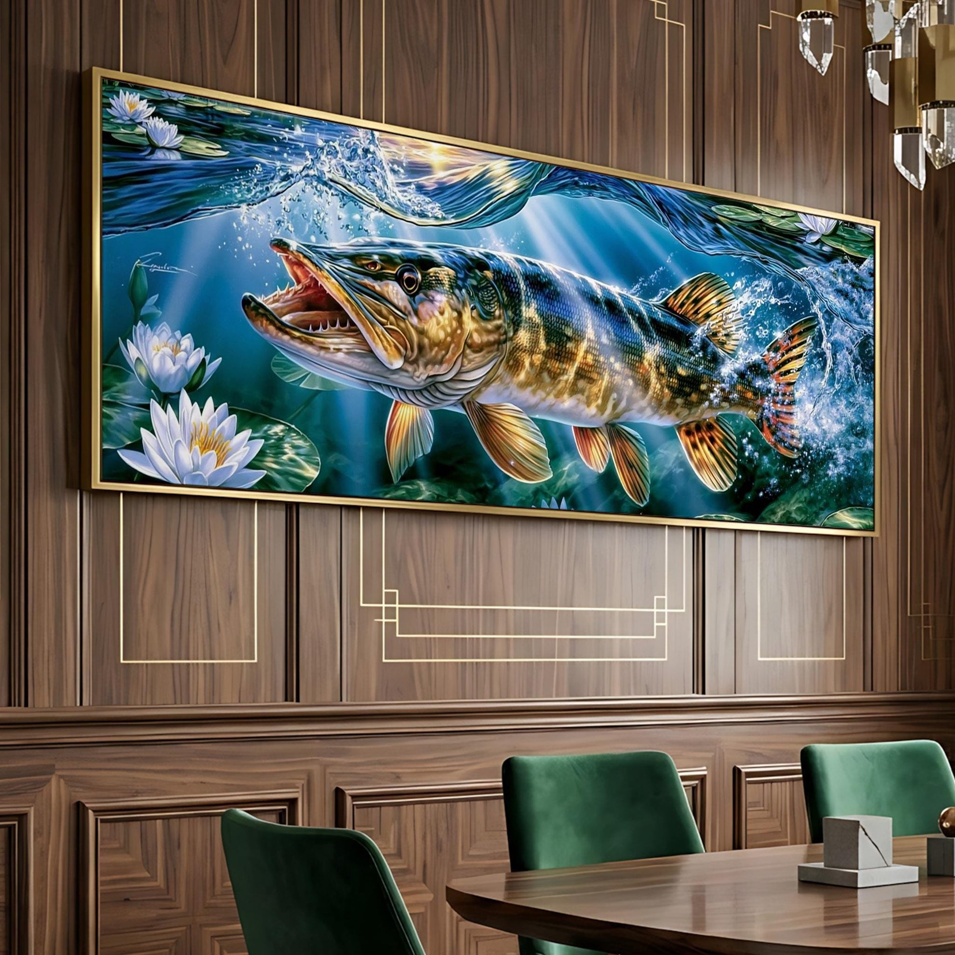 a large painting of a fish swimming in a body of water, with a wooden paneled wall in the background.