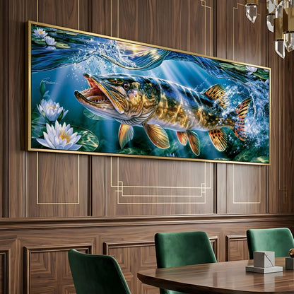 a large painting of a fish swimming in a body of water, with a wooden paneled wall in the background.