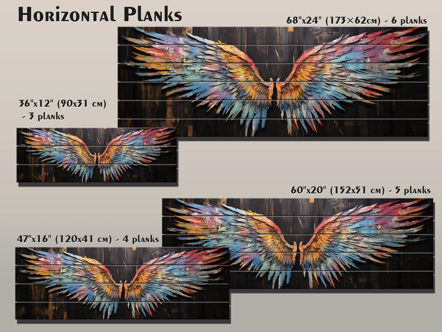 Wings Print Wood - Colorful Abstract Wings on Natural Wood | Rustic Wall Art