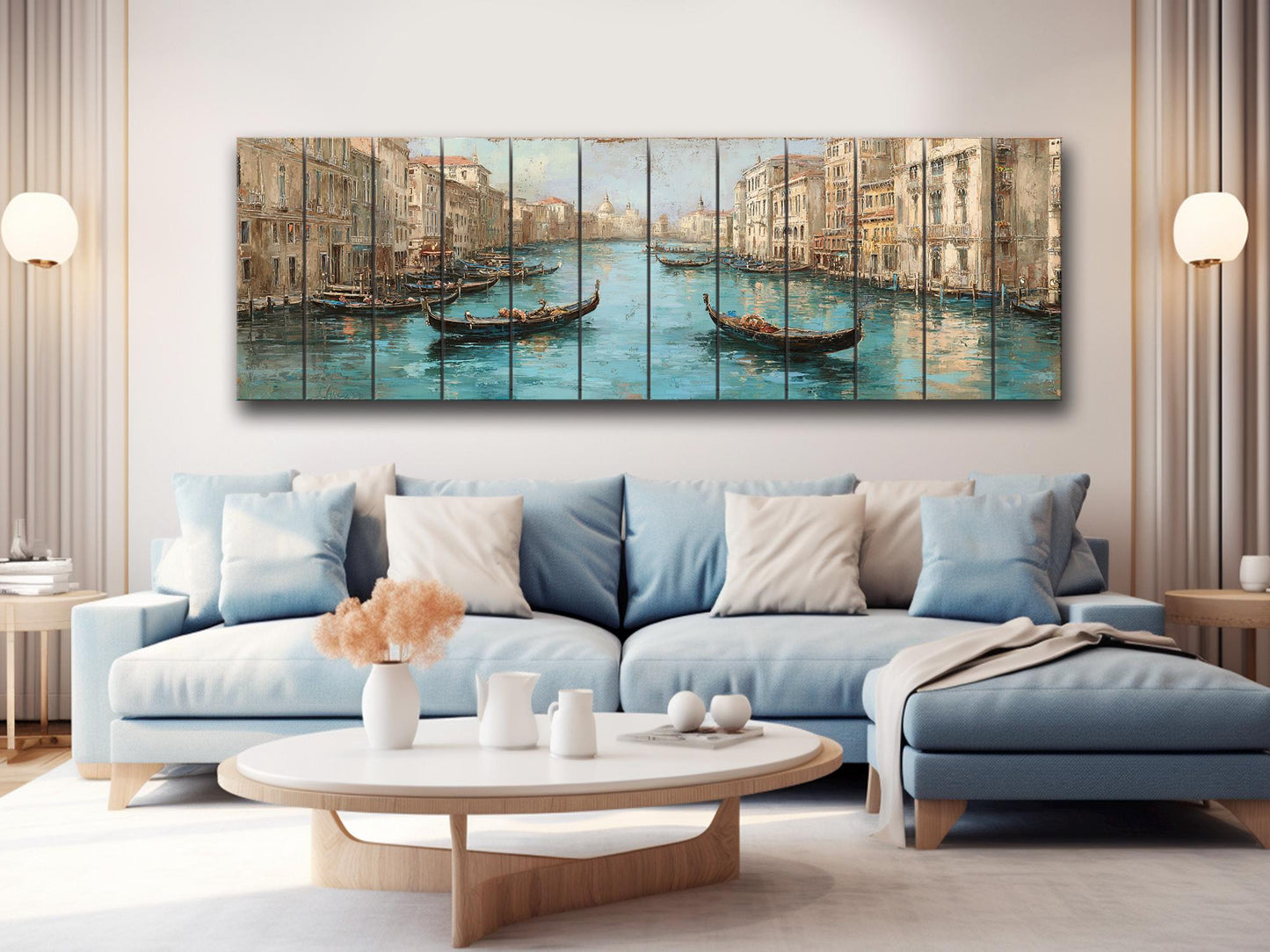Venice Canal Painting – Turquoise Beige Gondola Art Print on Wooden Wall Decor