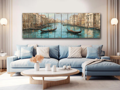 Venice Canal Painting – Turquoise Beige Gondola Art Print on Wooden Wall Decor