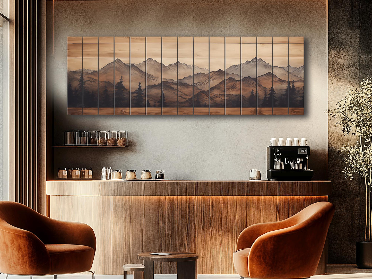 Rustic Wood Wall Art – Panoramic Mountain Art Print on Natural Wood Planks