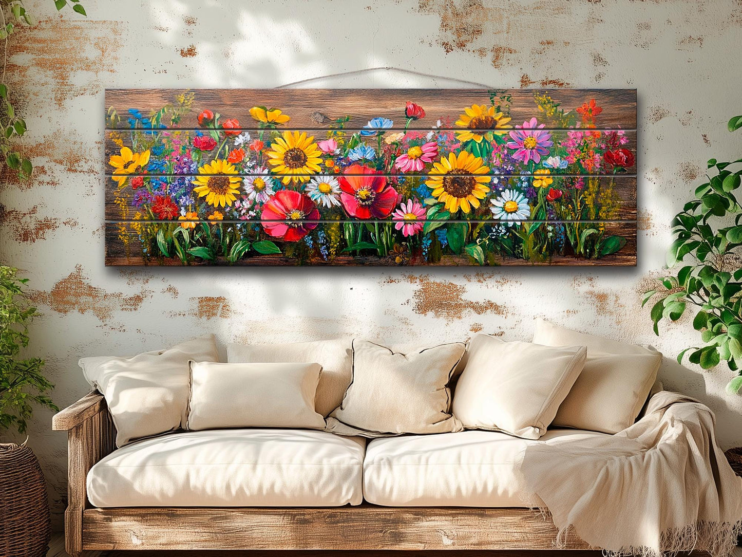Wood Wall Art – Rustic Floral Wall Art with Daisy Sunflower Poppy Summer Print