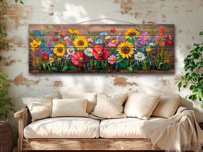 Wood Wall Art – Rustic Floral Wall Art with Daisy Sunflower Poppy Summer Print