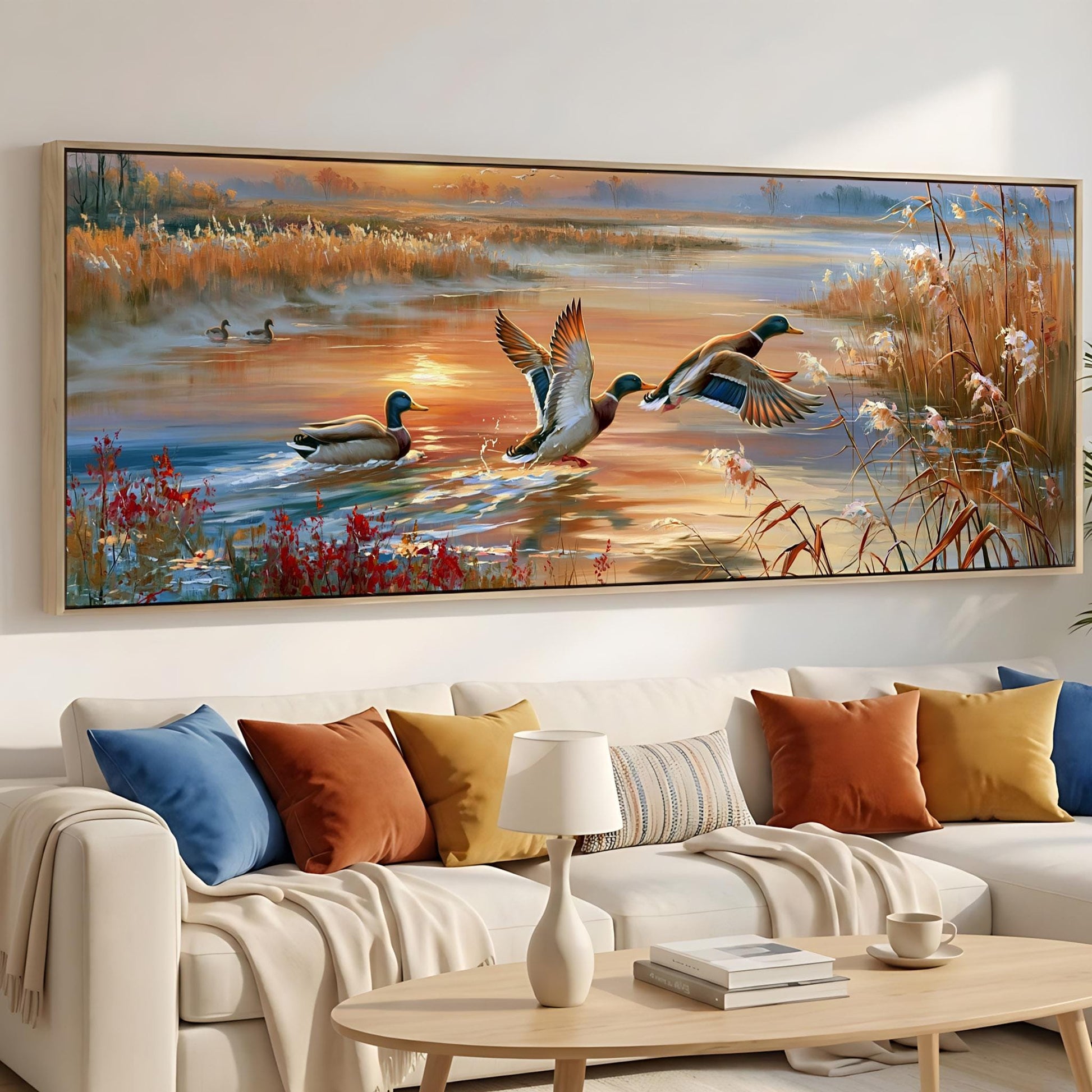 a large painting of ducks swimming in a lake, with a warm sunset in the background. The painting is hung on a wall above a white couch with colorful throw pillows.