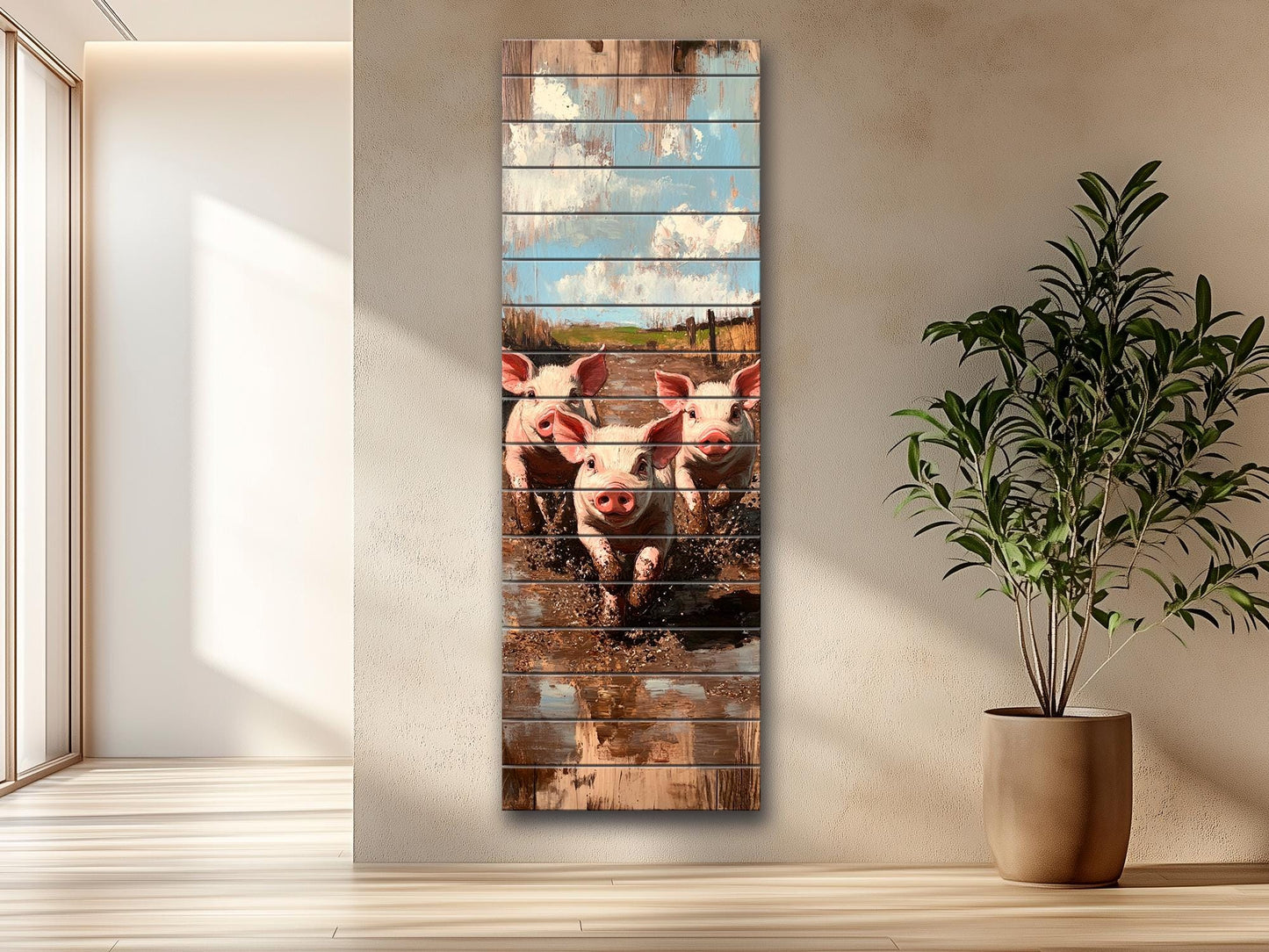Wood Wall Art – Piglet Painting Print on Wood – Playful Farm Animal Wall Decor – Rustic Wood Print for Country Homes