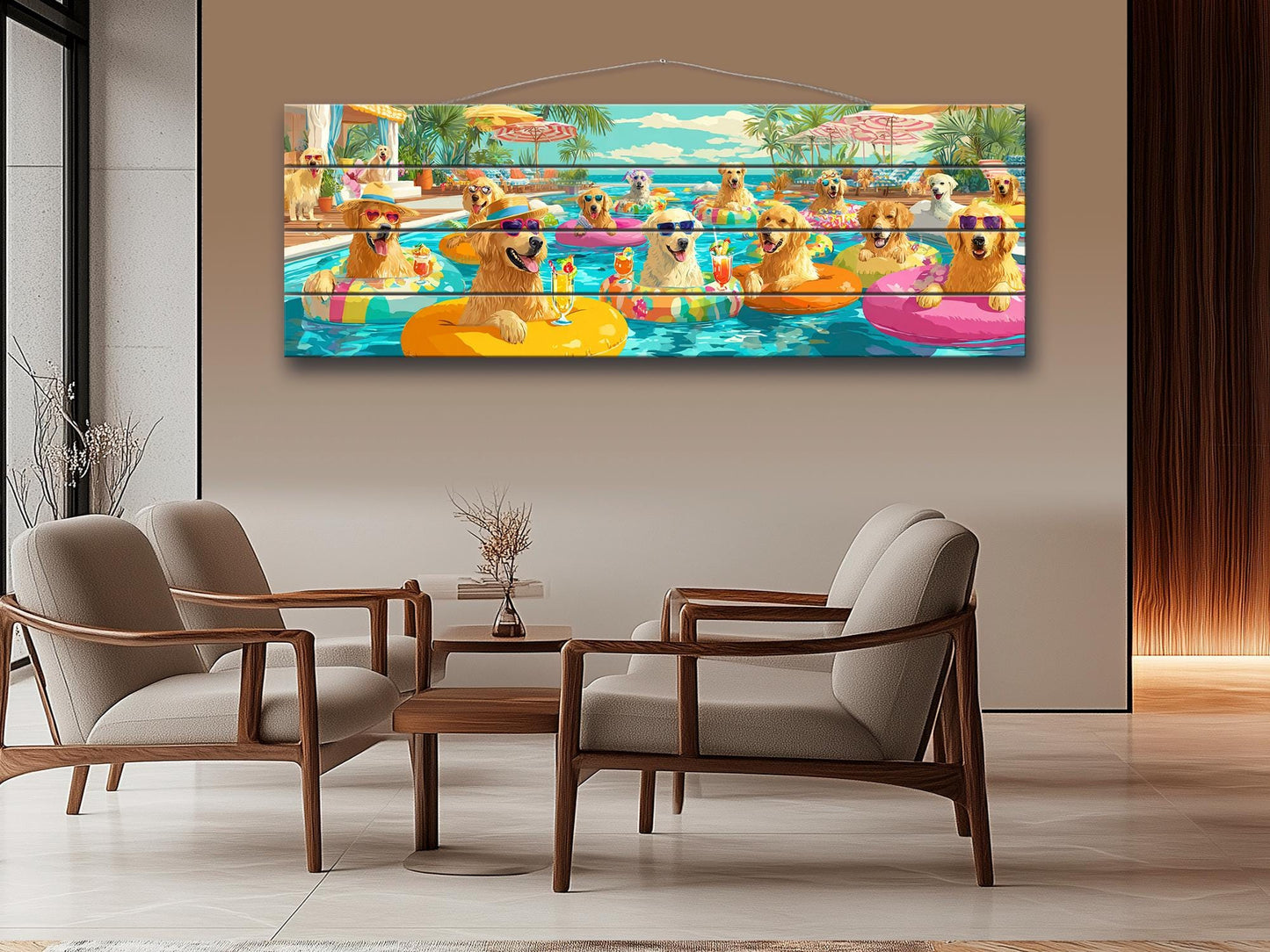 Golden Retriever Wall Art – Playful Pool Party Dog Print on Rustic Wood
