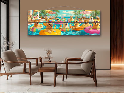 Golden Retriever Wall Art – Playful Pool Party Dog Print on Rustic Wood