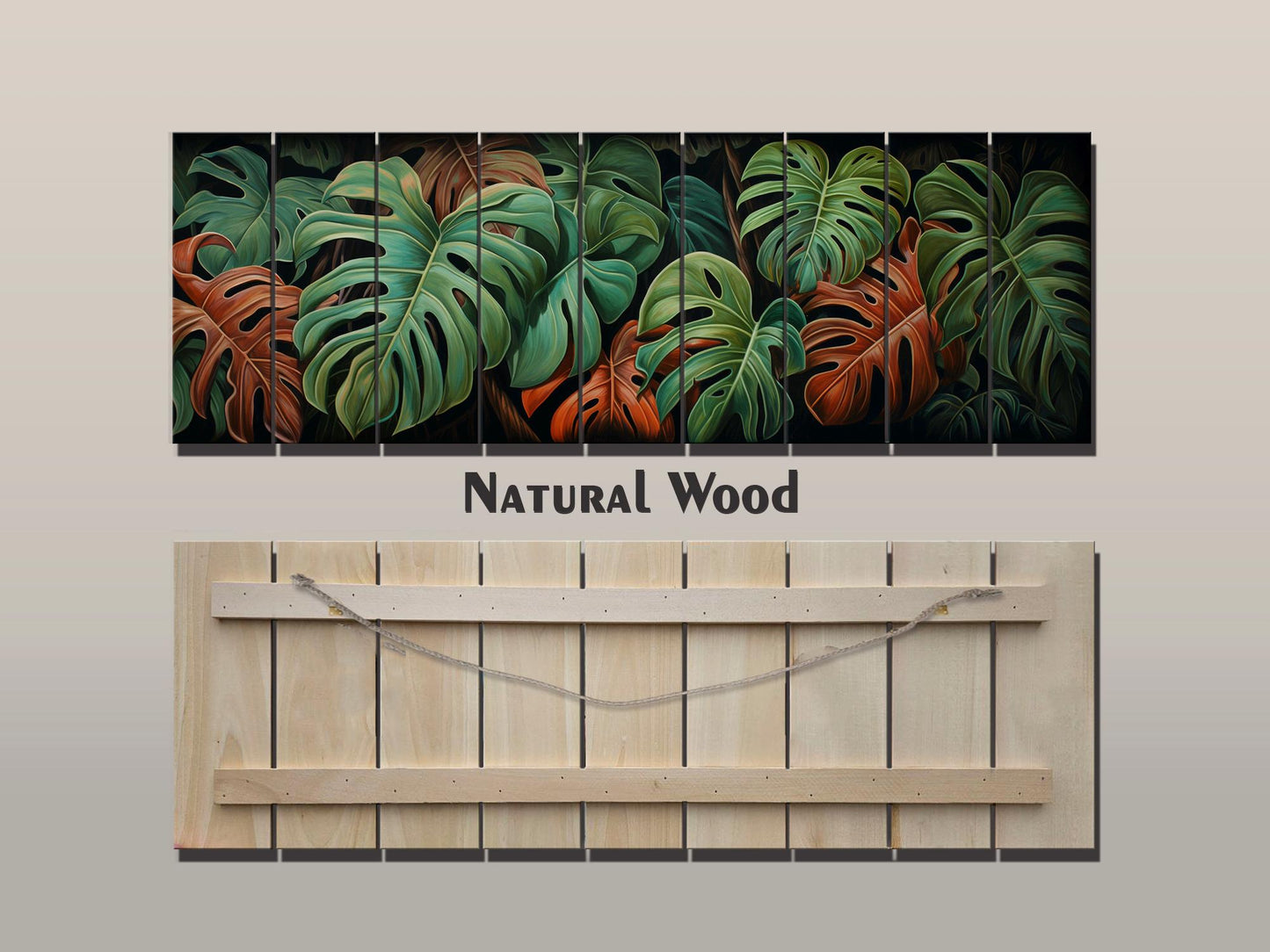 Wood Wall Art – Large Floral Wood Print with Philodendron Leaf Art | Rustic Farmhouse Decor