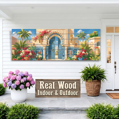 Moroccan Palace Gate Canvas Print, Blue Door Wall Art, Moorish Architecture Painting, Exotic Courtyard Decor