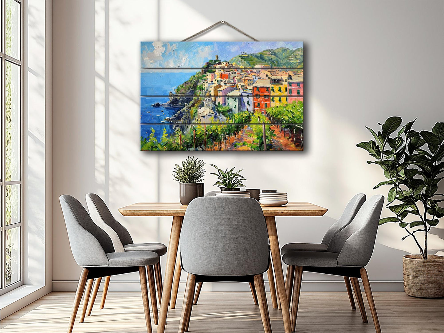 Corniglia, Cinque Terre Painting Printed on Natural Wood, Liguria, Italy Wall Art, Scenic Corniglia Wood Print, Italian Wall Decor