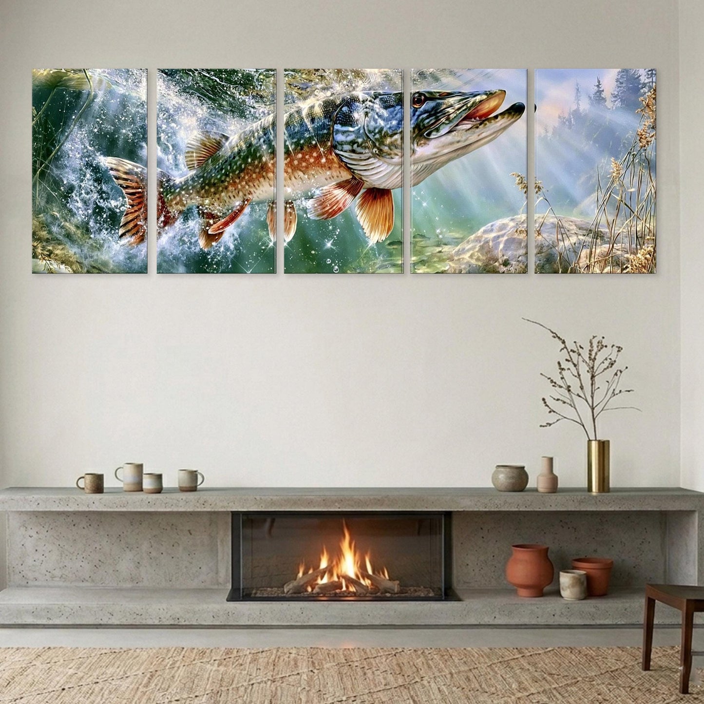 a large, vibrant painting of a fish swimming in a body of water, displayed on a wall above a fireplace.