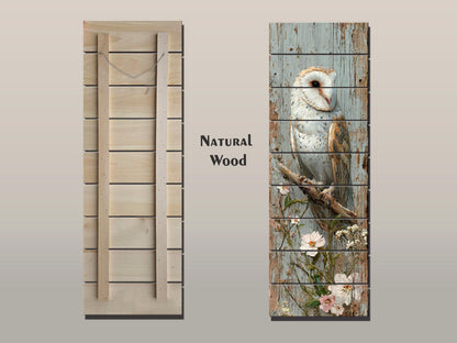 Rustic Wood Wall Art – Barn Owl and Wildflowers on Wood Planks – Farmhouse Nature Decor