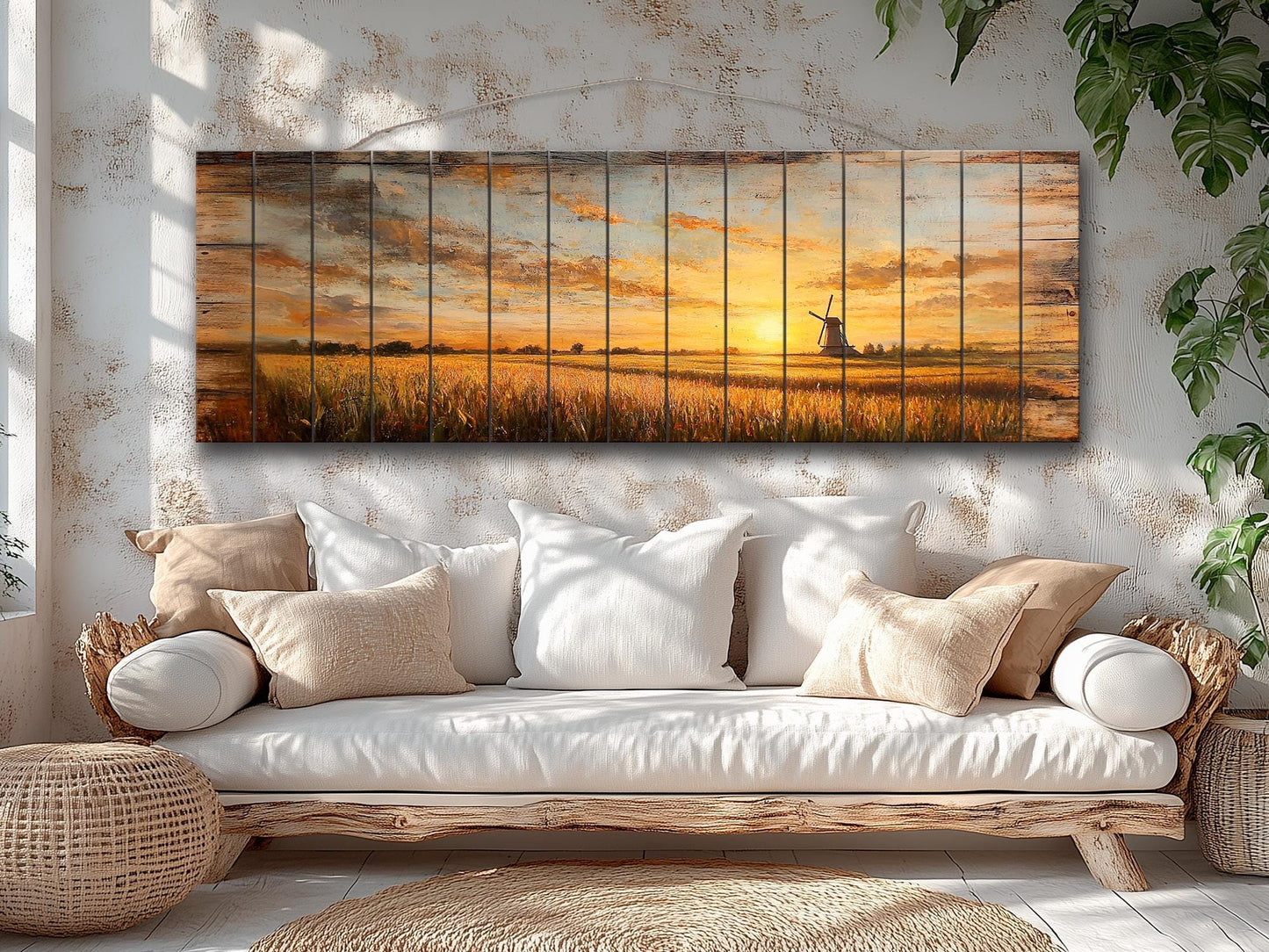Wood Wall Art - Rustic Sunset Cornfield Painting | Natural Wood Decor, Farmhouse Style