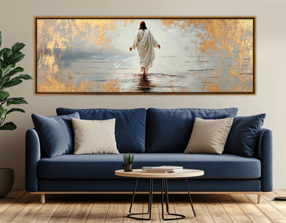 Jesus Walking on Water Religious Wall Art – Framed Canvas Print with Gold Leaf Accents