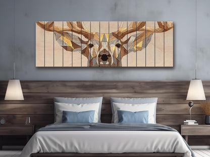 Deer Print Wood | Geometric Deer Art with Gold Accent - Rustic Modern Cabin Decor