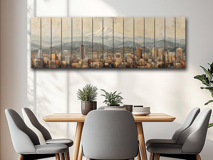 Portland Skyline Wood Print – Rustic Wood Art with Mount Hood Beige Cityscape