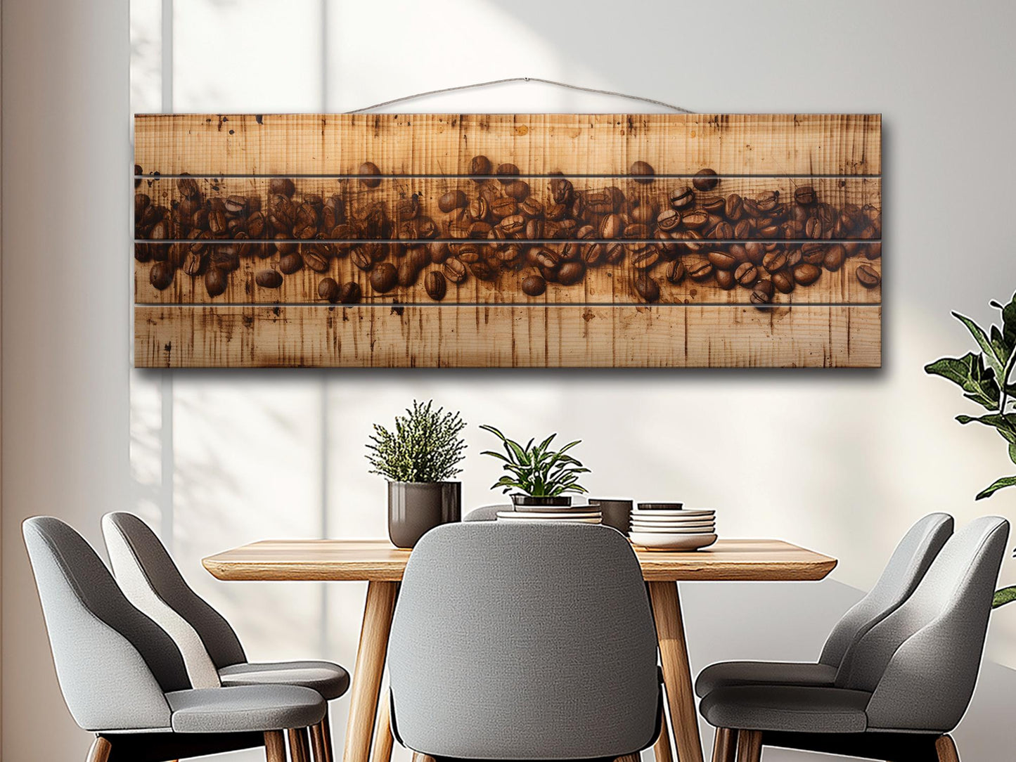 Coffee Beans Rustic Art Print on Natural Wood – Kitchen Wall Decor