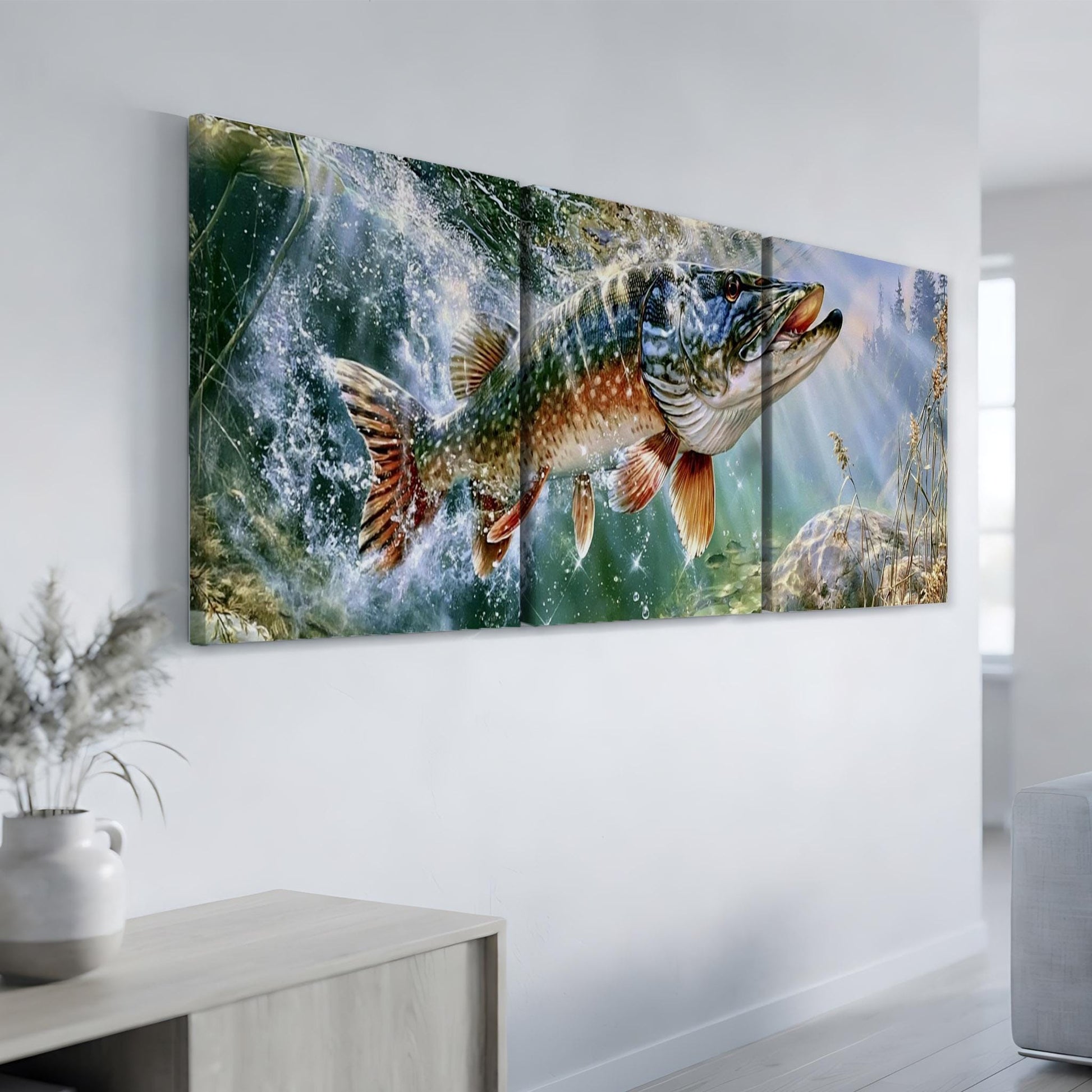 a large, vibrant painting of a fish swimming in a body of water, hanging on a wall in a room.