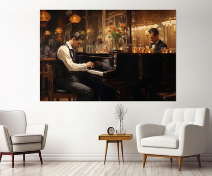 Piano Wall Art – Vintage Bar Painting Framed Canvas Print, Ready to Hang