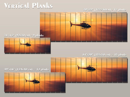 Helicopter Wall Art - Sunset Helicopter Print on Natural Wood | Ready to Hang Rustic Decor