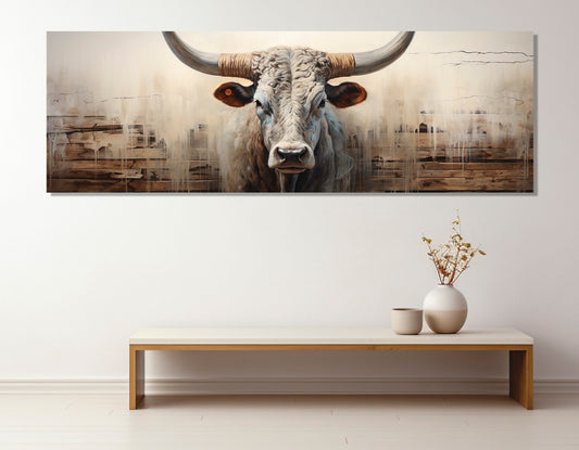 Abstract Longhorn Cow Canvas Print, Large Cow Portrait Painting, Modern Wall Art, Framed and Ready to Hang