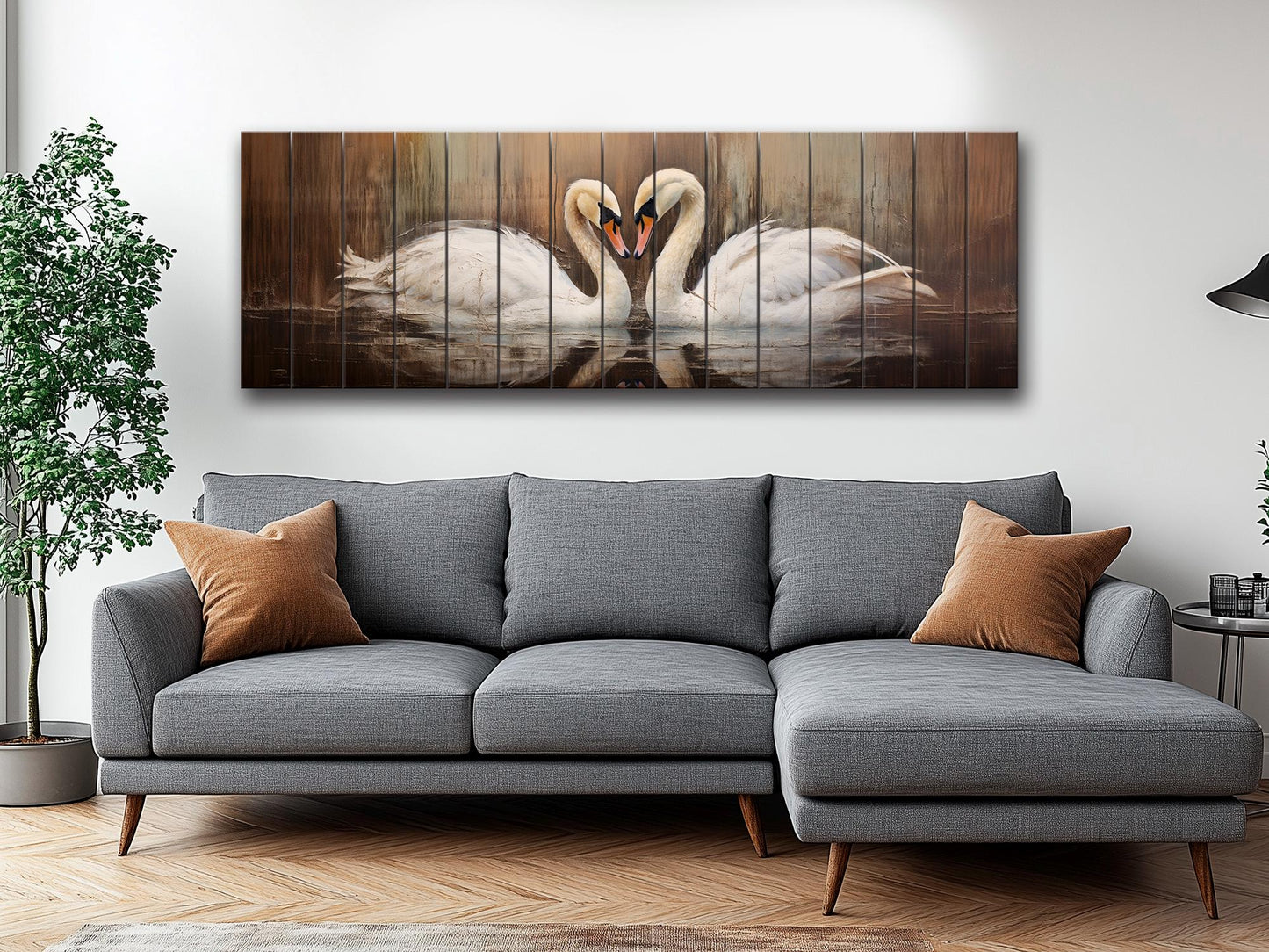 Rustic Swans Couple Forming a Heart Print on Natural Wood, Romantic Wall Art, Rustic Swans Painting, Swans Wall Art, Wood Wall Art