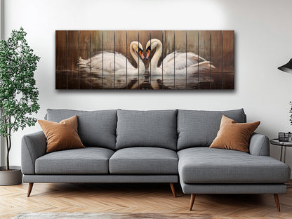 Rustic Swans Couple Forming a Heart Print on Natural Wood, Romantic Wall Art, Rustic Swans Painting, Swans Wall Art, Wood Wall Art