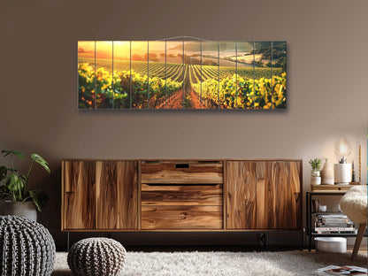 Vineyard Wood Print – Rustic Wood Wall Art with Sunlit Vineyard Landscape