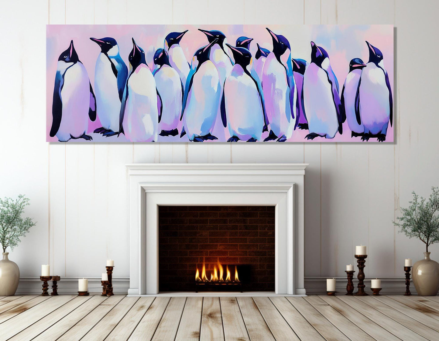 Penguin Family Canvas Print – Large Framed Penguins Painting Art on Cotton Canvas