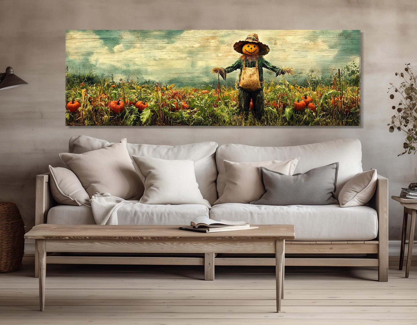 Scarecrow Pumpkin Canvas - Rustic Farmhouse Wall Art | Framed Ready to Hang