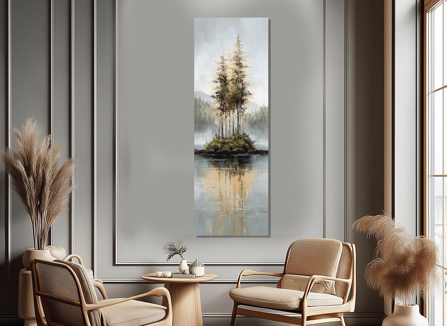 Rustic Island Canvas - Tonal Landscape Art With Misty Forest & Calm Water Reflections