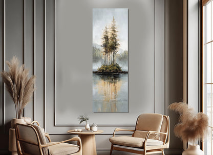 Rustic Island Canvas - Tonal Landscape Art With Misty Forest & Calm Water Reflections
