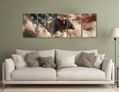 Rodeo Bull on the US Flag Canvas Print, Western Wall Art, Framed and Ready to Hang