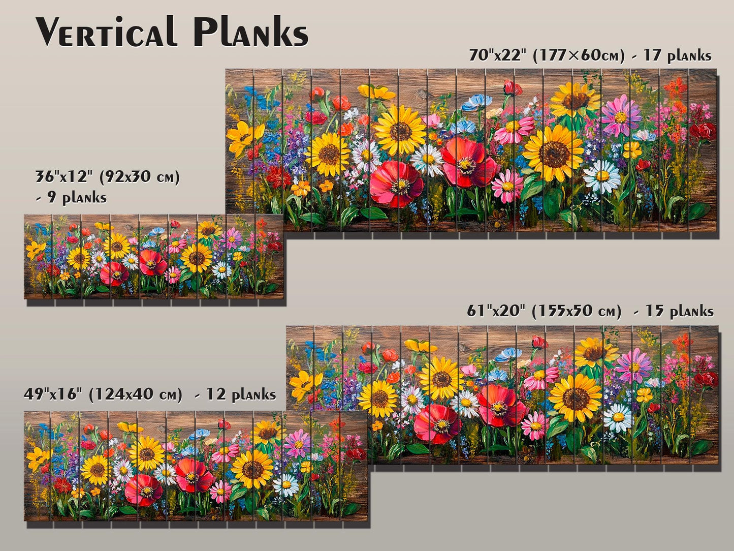 Wood Wall Art – Rustic Floral Wall Art with Daisy Sunflower Poppy Summer Print