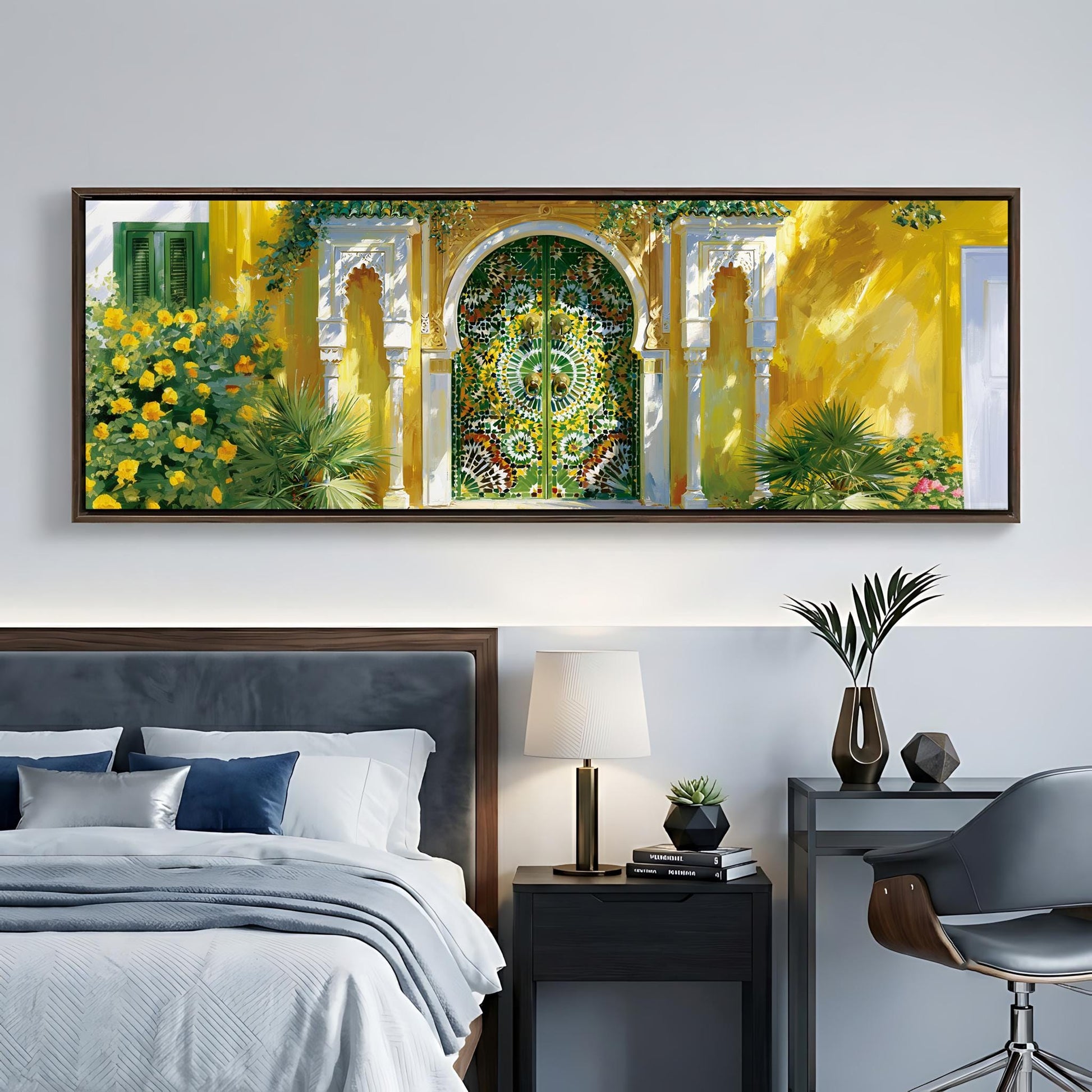 a large, colorful painting of an ornate, green and yellow gate or archway, hanging on a wall above a bed with a gray headboard.