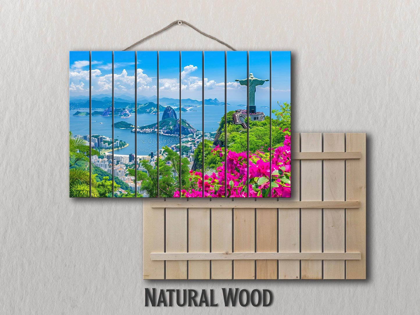 Rio De Janeiro Painting Printed on Natural Wood, Sugarloaf Mountain, Rio De Janeiro Wall Art, Christ the Redeemer Print on Wood