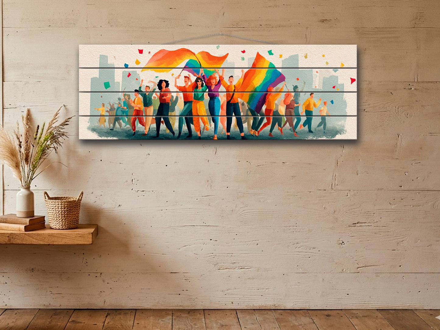 Pride Parade Print on Wood, Joyful LGBT Celebration Wall Art