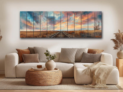 Wood Wall Art – Railway Through Field Print On Natural Wood Plank Decor