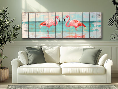 Flamingo Couple Print on Natural Wood, Romantic Wall Art, Rustic Flamingo Painting, Flamingo Wall Art, Soft Tones Bedroom Wall Decor