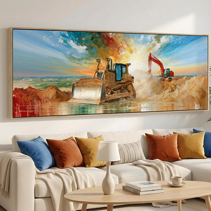 a large painting of a bulldozer on a construction site, with a serene landscape in the background.