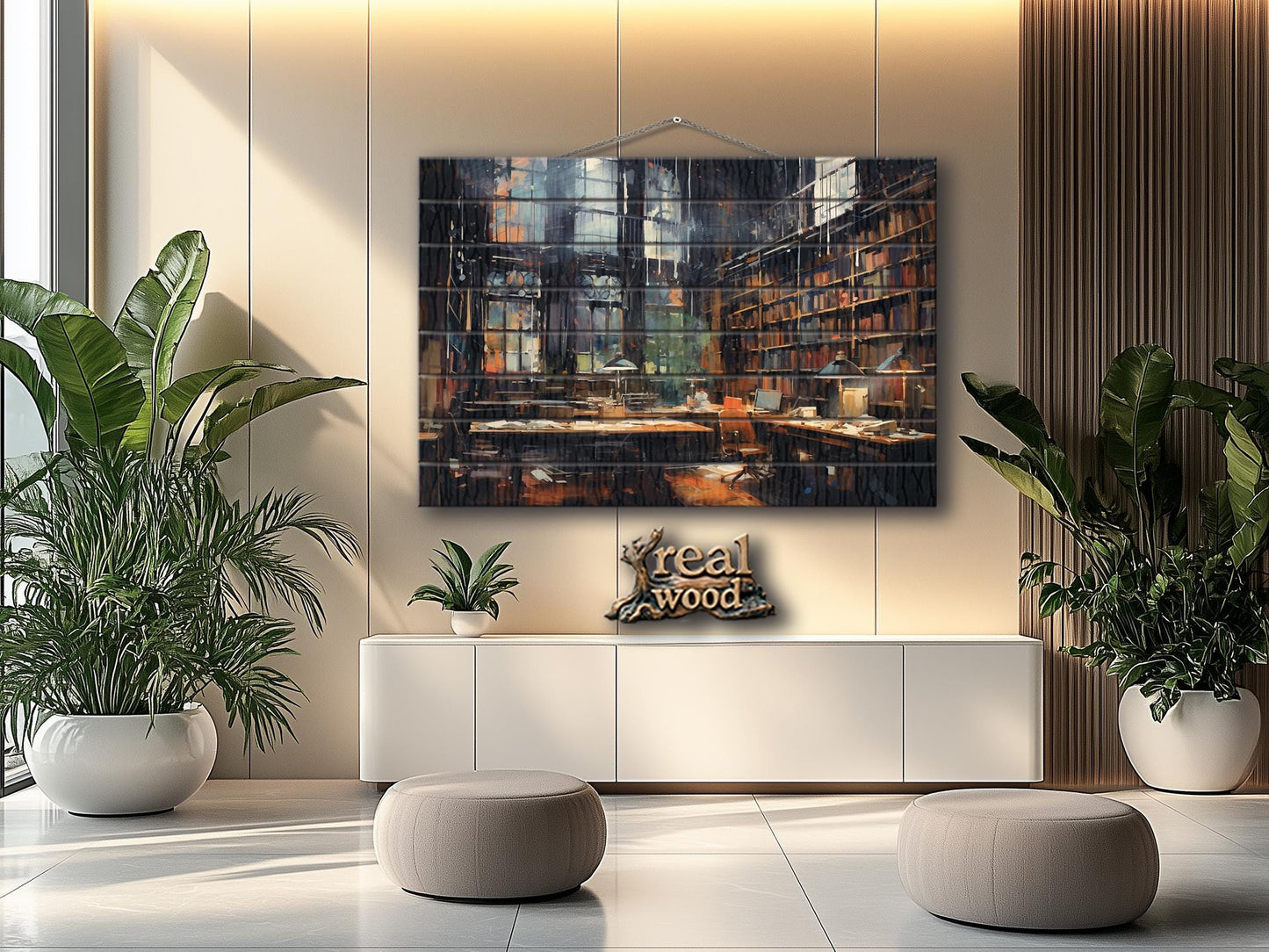 Wood Wall Art - Abstract Library Oil Painting | Natural Wood Print Decor