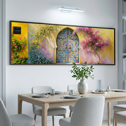 a dining room with a large, colorful painting of a stained glass window above a table set for a meal.