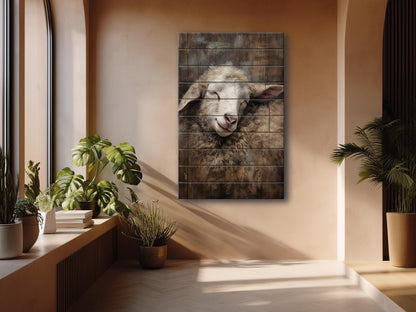 Sheep Sleeping Print on Natural Wood – Religious Wall Art