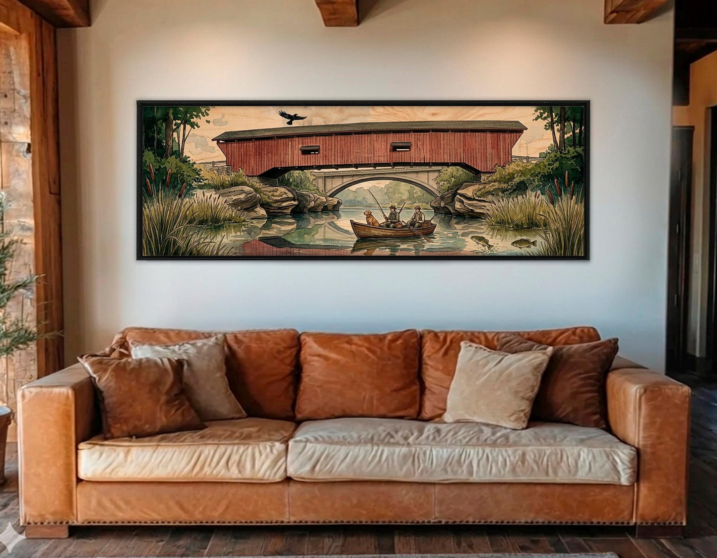 Narrows Bridge Canvas Print, Panoramic Covered Bridge Painting, Large River Wall Art, Framed and Ready to Hang