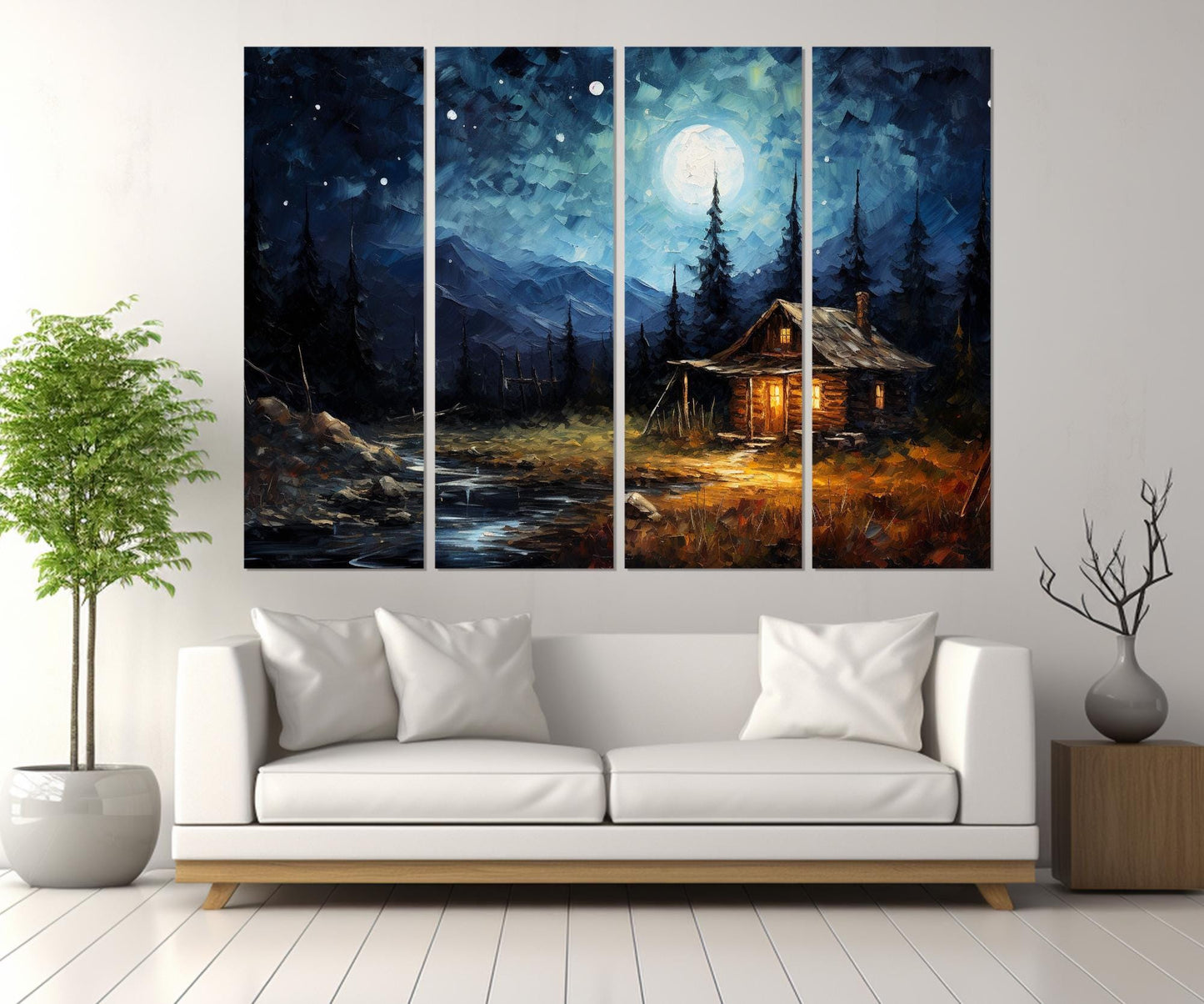 Moonlit Cabin Canvas – Rustic Wall Art | Starry Night Canvas Framed Print